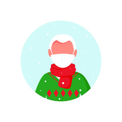 Elderly gray-haired man in a red scarf and a medical mask on the street. Winter background, snowfall. Individual protection measures against coronavirus. Icon. Vector illustration in flat style