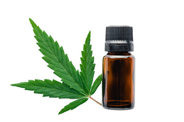 Hemp oil essential oil in black glass bottle with cannabis leaves isolated on white background. Cannabis leaf with skincare cosmetic product
