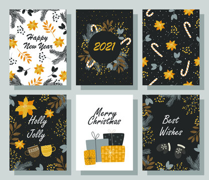 Set of cartoon greeting cards Happy New Year and Merry Christmas 2021. Decorative symbols with wishes of winter holidays, ornament Vector illustration.