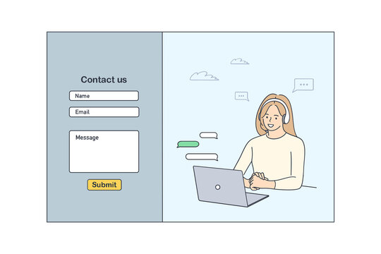 Contact us template form for web design concept. Young smiling woman customer service operator communicating with client at laptop. Helpdesk and customer support 
