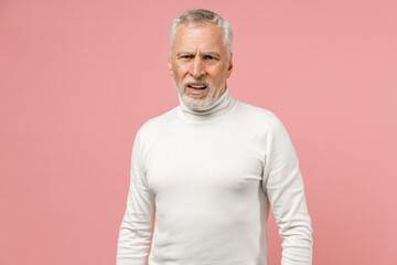 Shocked worried disgusted elderly gray-haired mustache bearded man wearing casual basic white...