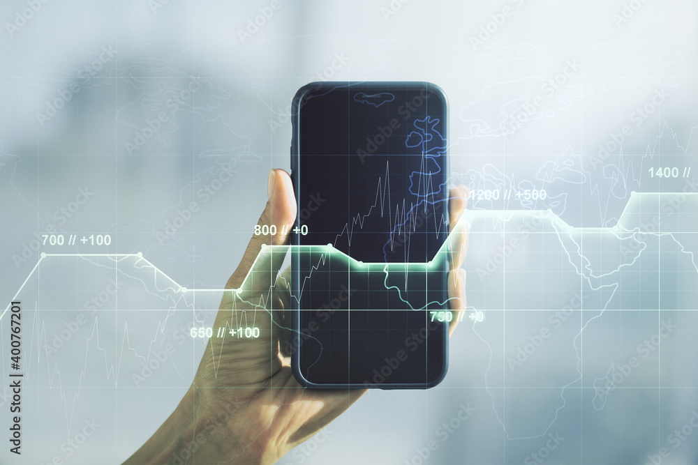 Poster multi exposure of creative statistics data hologram and hand with cell phone on background, stats an