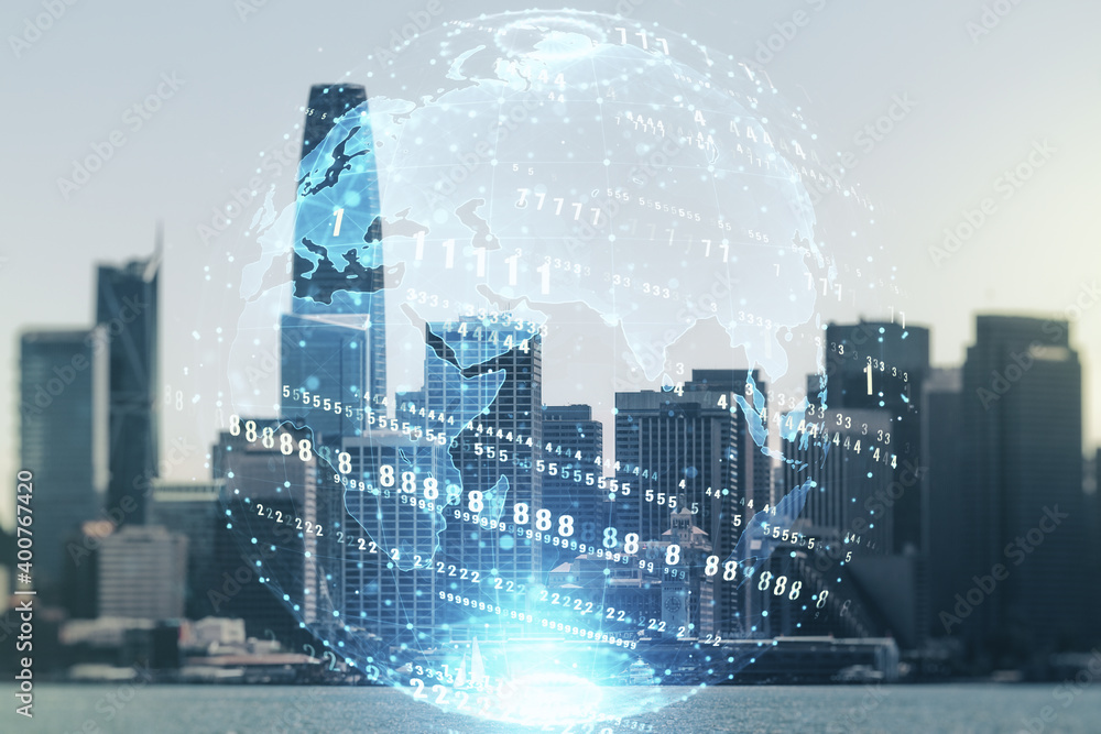 Poster multi exposure of abstract creative coding sketch and world map on san francisco city skyline backgr