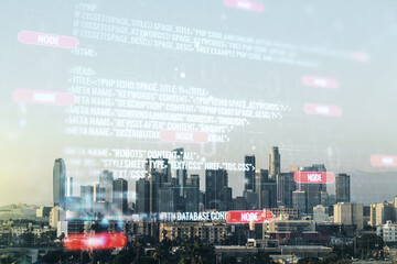 Multi exposure of abstract creative coding sketch on Los Angeles city skyline background, artificial intelligence and neural networks concept