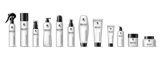 Shiny pearl white cosmetic set with different containers. Realistic 3d mockup of cosmetic package