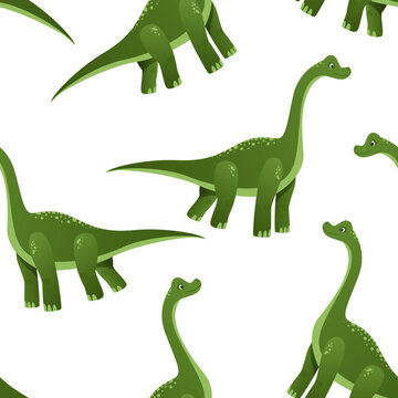 Seamless dinosaur patterns are depicted on a white background. Colorful dinosaurs cartoon character illustration. Cute cartoon Jurassic dinosaur. Vector illustration