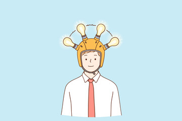 Great idea, business development, innovation concept. Happy young businessman cartoon character standing in helmet with signing lamps on head having great idea for business development 