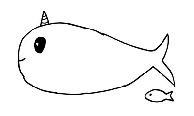 Narwhal and fish line icon. Stylization for a child's drawing