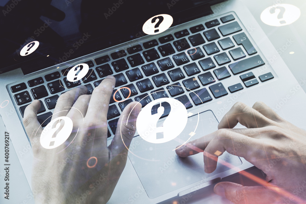 Aufkleber creative concept of question mark illustration and hands typing on laptop on background. faq and sea