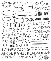 Handwriting numbers, letters, punctuation marks, arrows, highlighting, underlining, bubbles. Numbers, letters, punctuation marks, arrows, highlighting, underlining, bubbles. Isolated. Handwriting font - obrazy, fototapety, plakaty