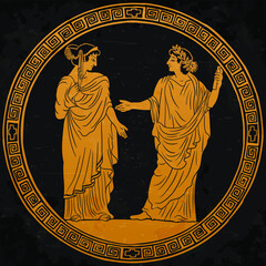 Fototapeta premium A young man in an ancient Greek tunic with a papyrus scroll in his hand stands reads a poem for a young woman and gestures.