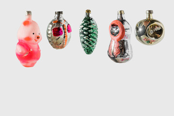 Retro style USSR christmas tree baubles on white background with shadows. mid century style