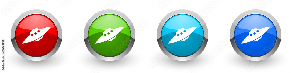 Fototapete ufo, alien spaceship silver metallic glossy icons, set of modern design buttons for web, internet an