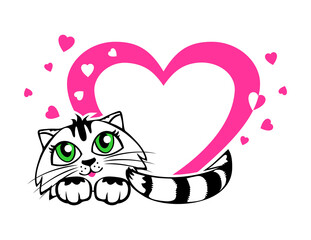 Cute tabby kitten with a pink heart. Frame for congratulations on Valentine's Day. Vector on transparent background