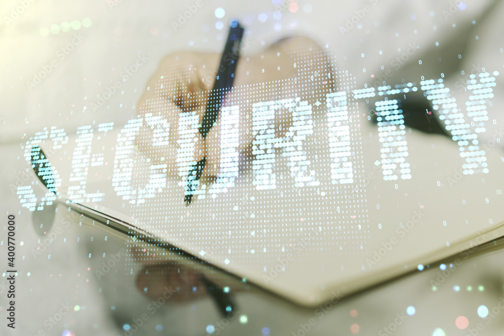 Aufkleber Cyber security creative concept with man hand writing in notepad on background. Double exposure