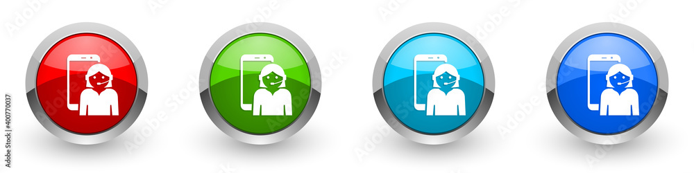 Aufkleber online customer service in smartphone, silver metallic glossy icons, set of modern design buttons fo