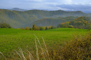 green field, dry grass in the foggy mountains across dramatic cloudy sky. Natural background