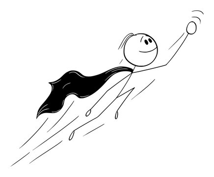 Vector cartoon stick figure illustration of successful man or businessman flying up as superhero in heroic pose.