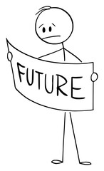 Vector cartoon stick figure illustration of frustrated man or businessman looking for future in map, plan or document, or holding sign.