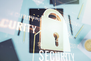 Creative idea concept with lock symbol and microcircuit illustration and modern digital tablet on background, top view. Protection and firewall concept. Multiexposure