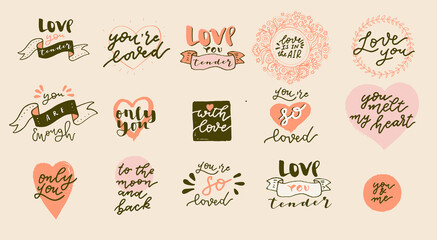 Set of Boho Love hand drawn logos. Valentines Day quotes for Bohemian style badges, postcards, photo overlays, greeting cards, T-shirts, prints in retro style. Vintage calligraphic vector illustration