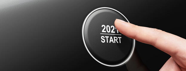 2021 - Press the start button. Concept of the New Year. 3D illustration
