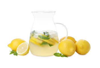 Natural lemonade with mint and fresh fruits on white background. Summer refreshing drink