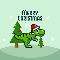 merry Christmas t-rex dinosaur illustration vector concept banner background for banner, advertisement, card © Ramosh Artworks