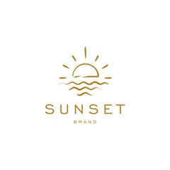 elegant hipster gold sun sunset sunrise with beach ocean sea water logo icon vector in trendy line linear,  outline logo vector for hotel 