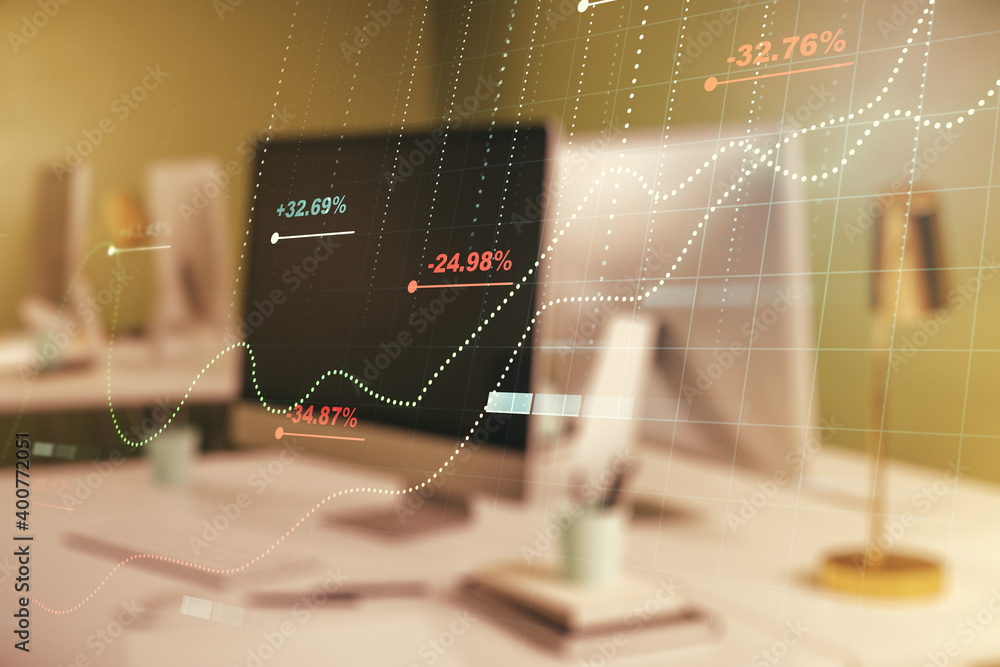 Aufkleber multi exposure of stats data illustration on modern laptop background, computing and analytics conce