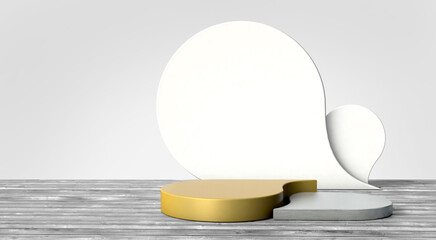 Golden and silver round shape of product display with light background. Product display concept, 3D Rendering.