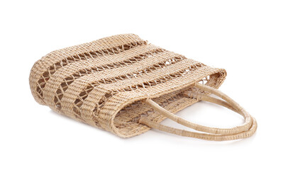 Stylish straw bag on white background. Summer accessory