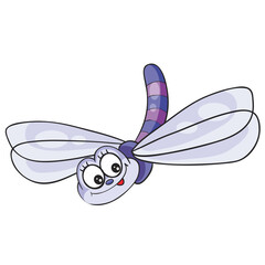 cute lilac dragonfly character, cartoon illustration, isolated object on white background, vector illustration,