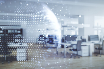 Fototapeta premium Multi exposure of abstract graphic world map hologram on a modern furnished office interior background, connection and communication concept