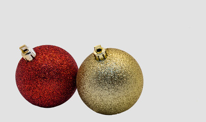 Christmas balls baubles bombs bulbs colorful decoration isolated on white background. Red, gold Xmas glass balls close up view
