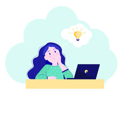 woman is working on laptop computer with a symbol of idea bulb in the cloud. Flat style vector illustration. Idea concept. Happy girl is watching screen. Home office, work online, education, business 