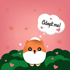 Fototapeta premium Adopt a pet, cute pomeranian on pink background with paws. 