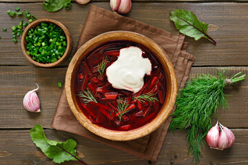 Traditional ukrainian russian soup (borscht) with sour cream