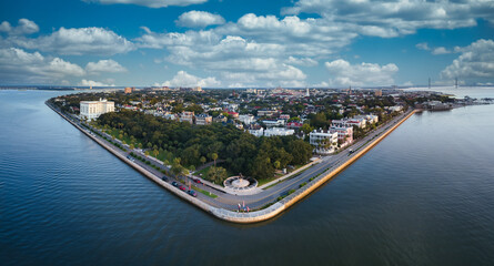 Fototapeta premium Charleston skyline with blue sky and clouds