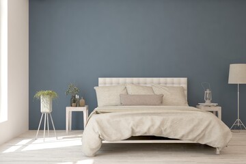 Blue bedroom interior. Scandinavian design. 3D illustration