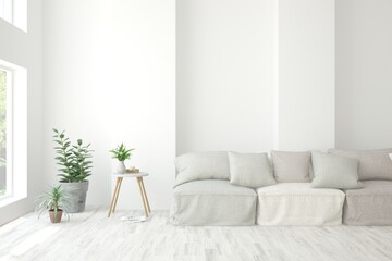 White living room with sofa. Scandinavian interior design. 3D illustration