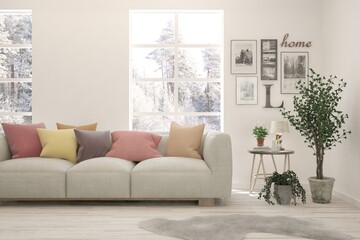 White living room with sofa and winter landscape in window. Scandinavian interior design. 3D illustration