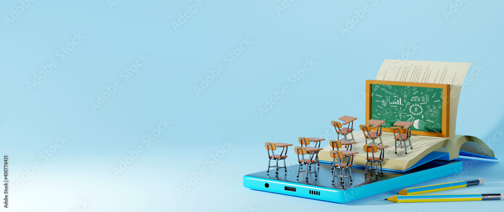 Poster digital online education. 3d render of computer. application learning on phone, mobile website backg
