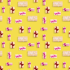 Seamless pattern made from gift boxes on yellow background presents, gifts minimal concept seamless pattern. Abstract pattern for christmas birthday wedding