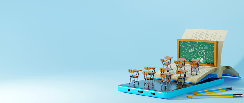 Digital Online Education. 3d render of computer. Application learning on phone, mobile website background. 
social distance concept isolated on background. Classroom Online Education internet network.