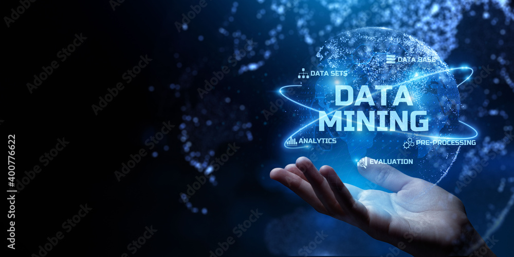 Poster data mining information technology concept on futuristic virtual screen.