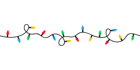 Seamless string of Christmas light garland. Xmas lights bulbs in flat style. Colored seamless garlands for holiday decoration. Vector illustration.