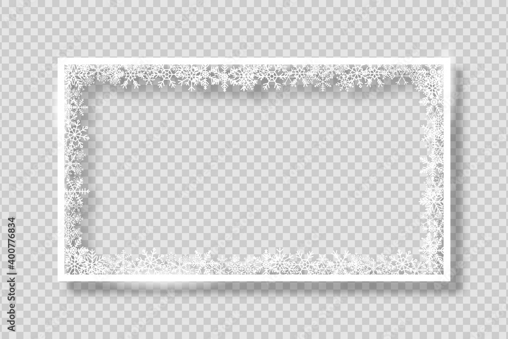 Fototapete Frame with white snowflakes. Banner for Merry Christmas and New Year text or photo. White rectangle border with snowflake on transparent background with shadow. Vector.