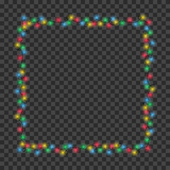 Frame made of Christmas light garland. Color square border garlands for holiday decoration. Realistic Xmas lights bulbs frame at transparent background. Vector.