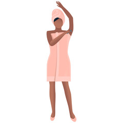 Daily care. Underarm epilation procedure. Girl in full growth after a shower in a towel. Flat illustration. Lifestyle, health, skin and body care concept